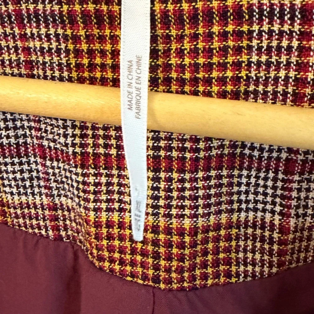 Free People Linen Blend Plaid Oversized Blazer Burgundy Mustard XL OB924115